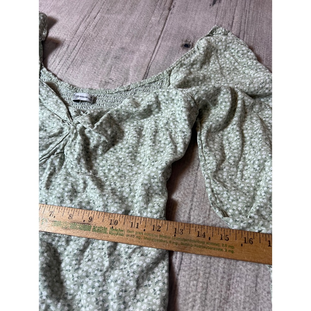 Hollister Floral Mini Dress Womens Medium Green Excellent Puff Sleeve Smocked - Picture 3 of 5
